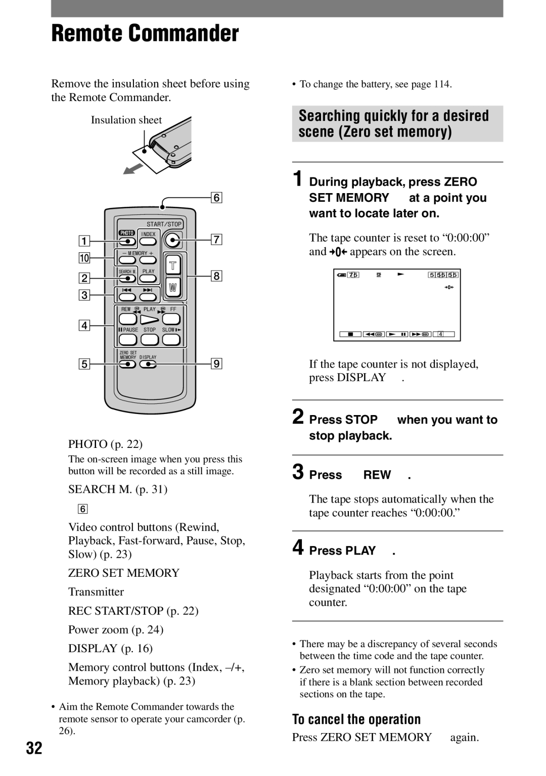 Sony DCR-HC42 manual Remote Commander, To cancel the operation, Press Stop  when you want to stop playback Press REW  