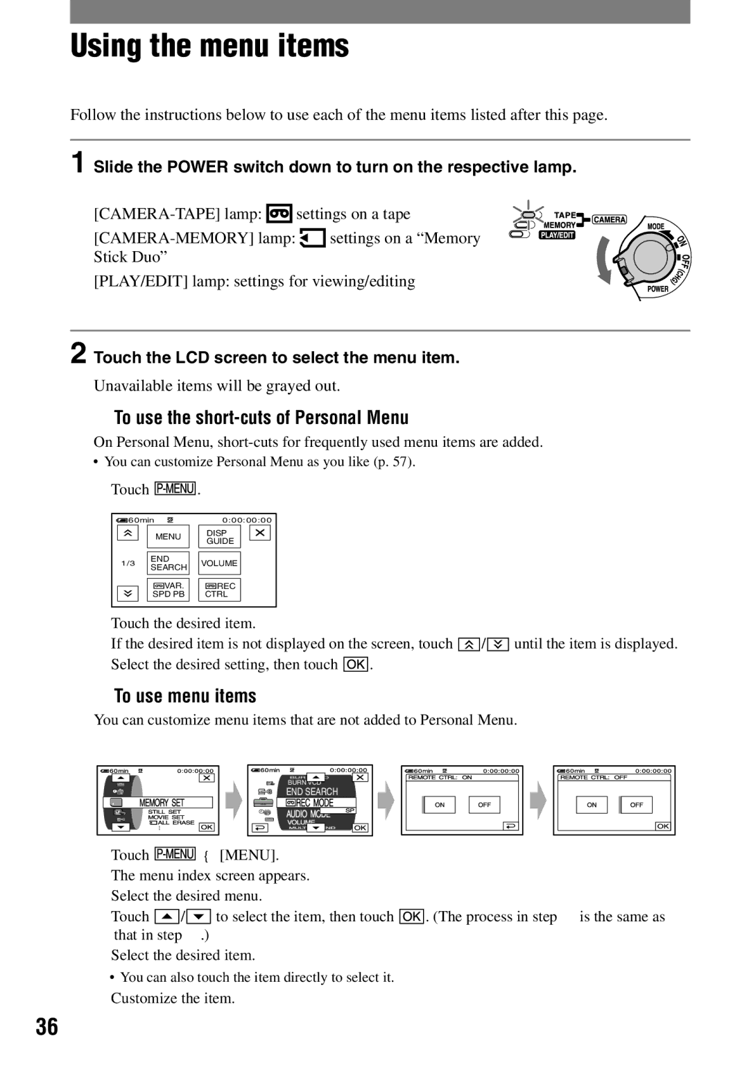 Sony DCR-HC42 manual Using the menu items,  To use the short-cuts of Personal Menu,  To use menu items 