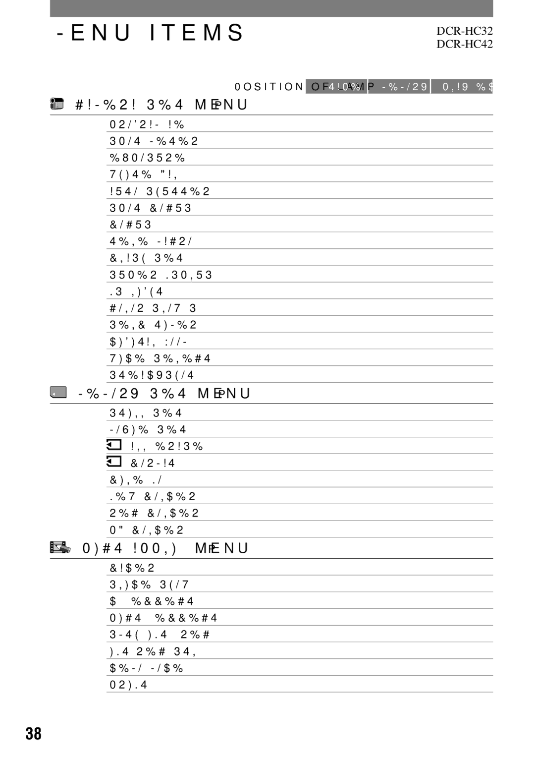 Sony manual Menu items, Camera SET menu p, Memory SET menu p, PICT.APPLI. menu p, DCR-HC32 *2 DCR-HC42 