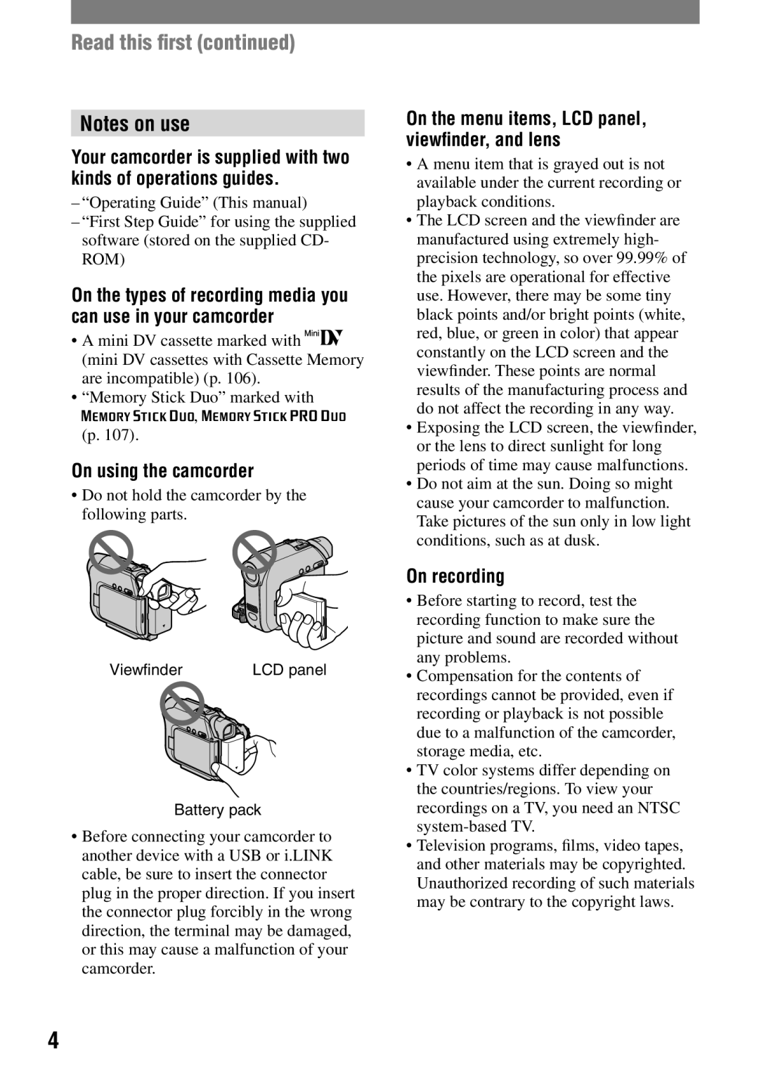 Sony DCR-HC42 Read this ﬁrst, On using the camcorder, On the menu items, LCD panel, viewﬁnder, and lens, On recording 