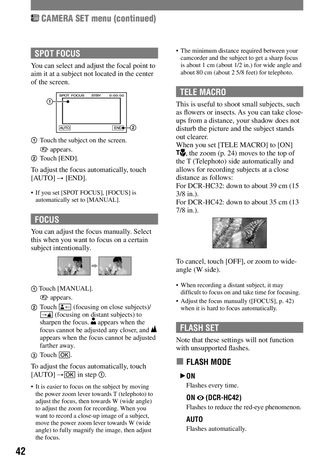 Sony DCR-HC42 manual Spot Focus, Tele Macro, Flash SET 