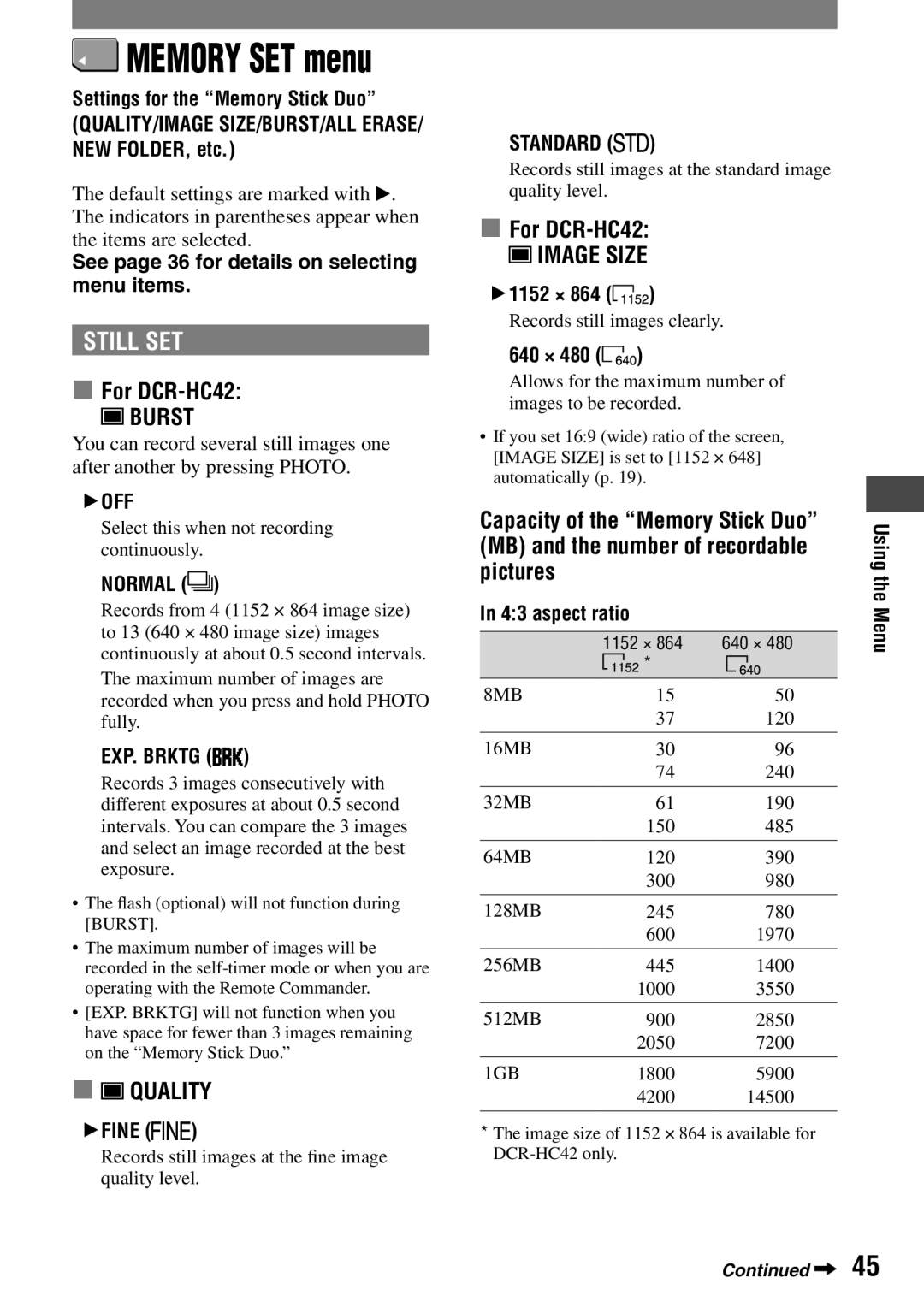 Sony manual Still SET,  For DCR-HC42, EXP. Brktg, Standard 