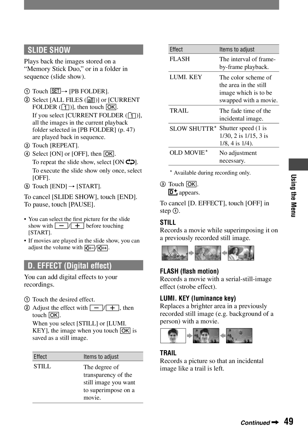 Sony DCR-HC42 manual Slide Show, Effect Digital effect, Still, Trail 