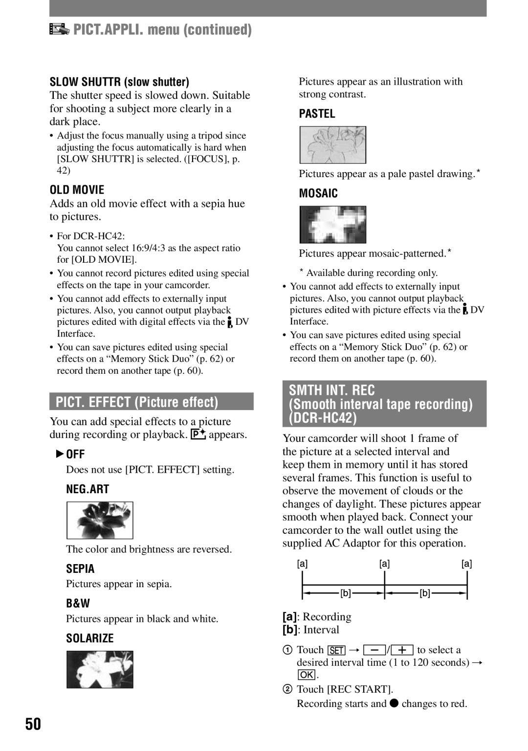 Sony manual PICT. Effect Picture effect, Smth INT. REC, Smooth interval tape recording DCR-HC42 