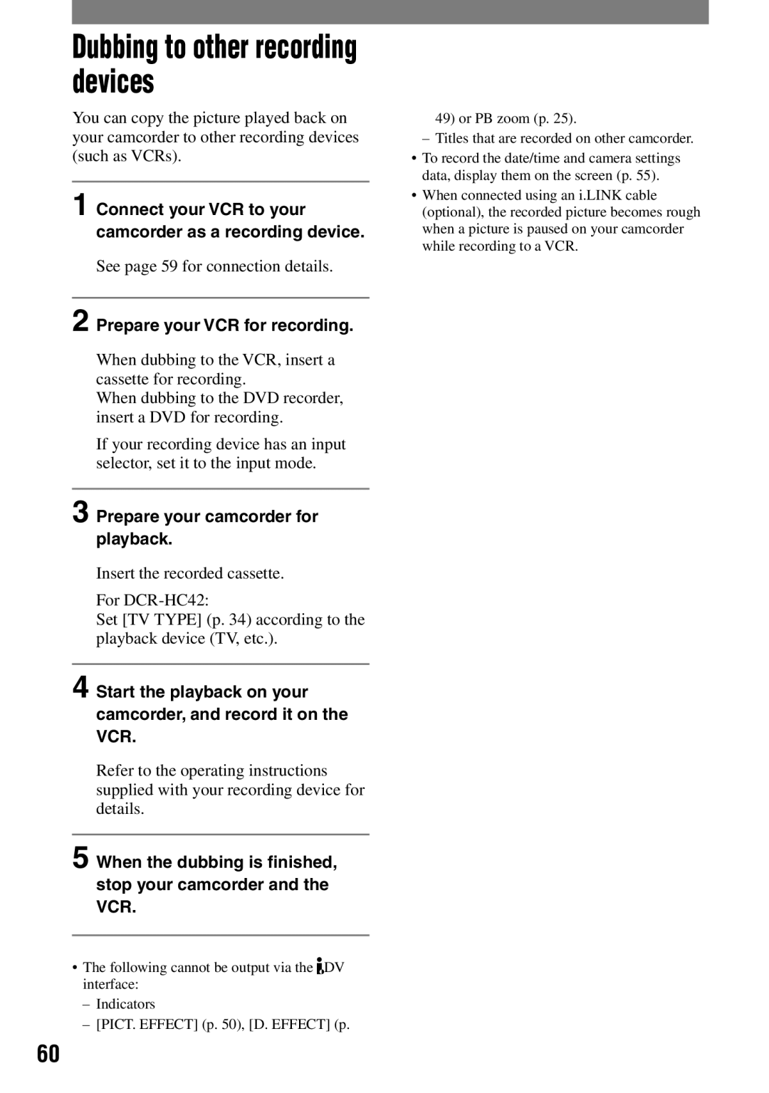 Sony DCR-HC42 manual Dubbing to other recording devices, See page 59 for connection details, Prepare your VCR for recording 