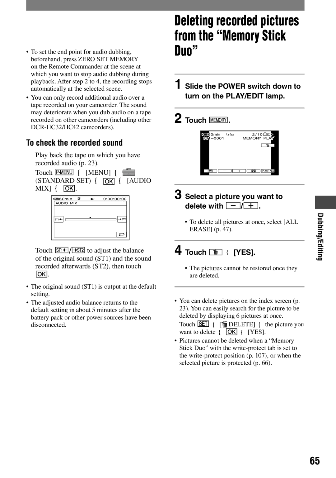 Sony DCR-HC42 manual To check the recorded sound, Select a picture you want to Delete with, Touch  YES 