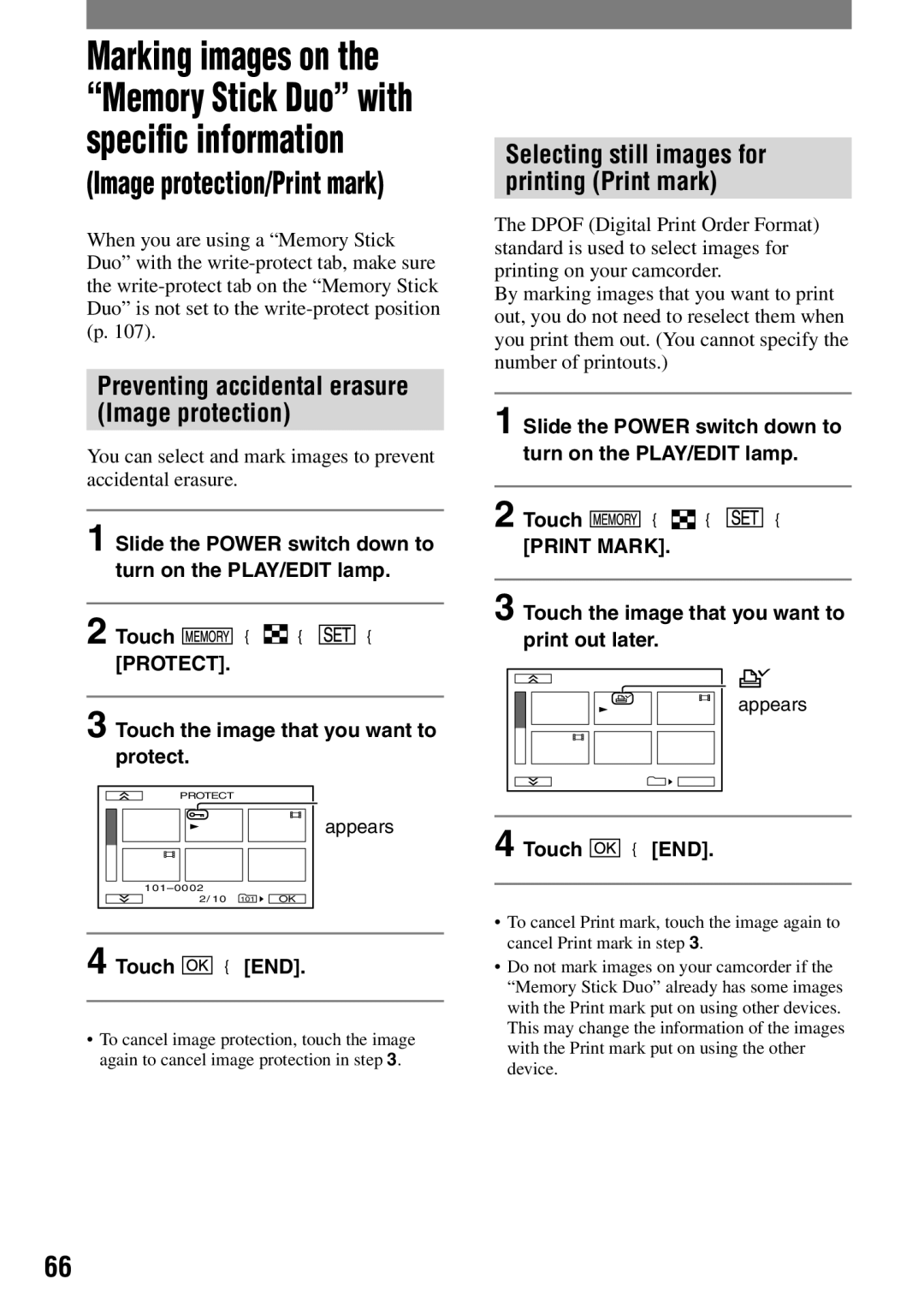 Sony DCR-HC42 Preventing accidental erasure Image protection, Selecting still images for printing Print mark, Protect 