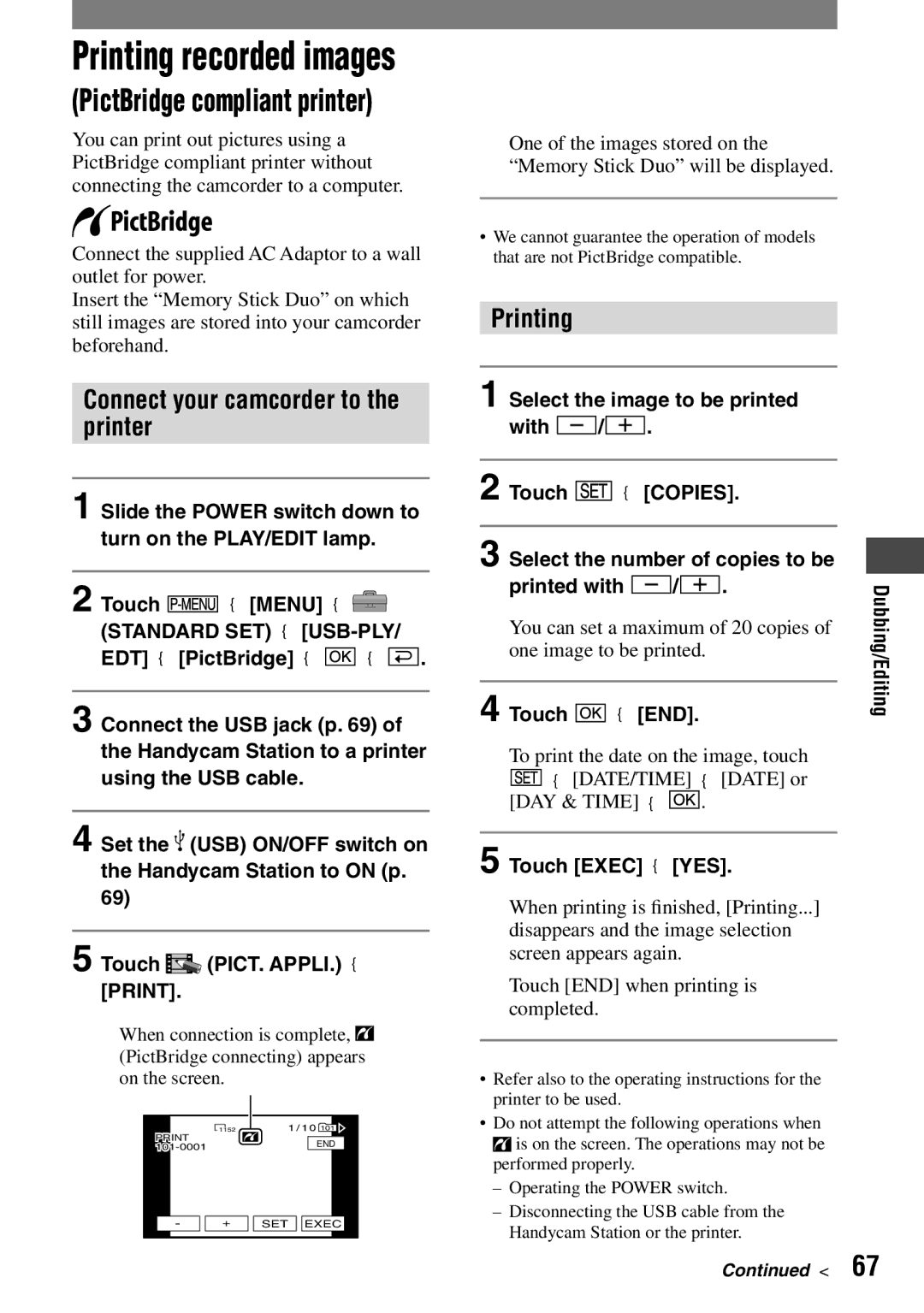 Sony DCR-HC42 manual Connect your camcorder to the printer, Printing, Touch Exec  YES 