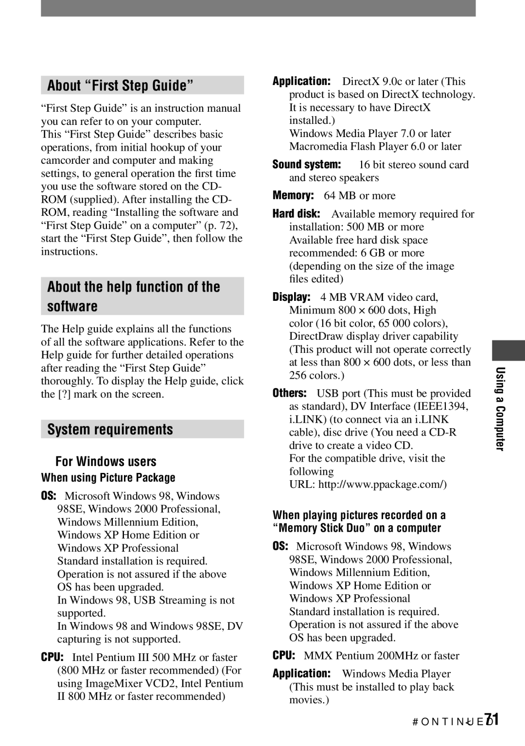 Sony DCR-HC42 manual About First Step Guide, About the help function Software, System requirements,  For Windows users 