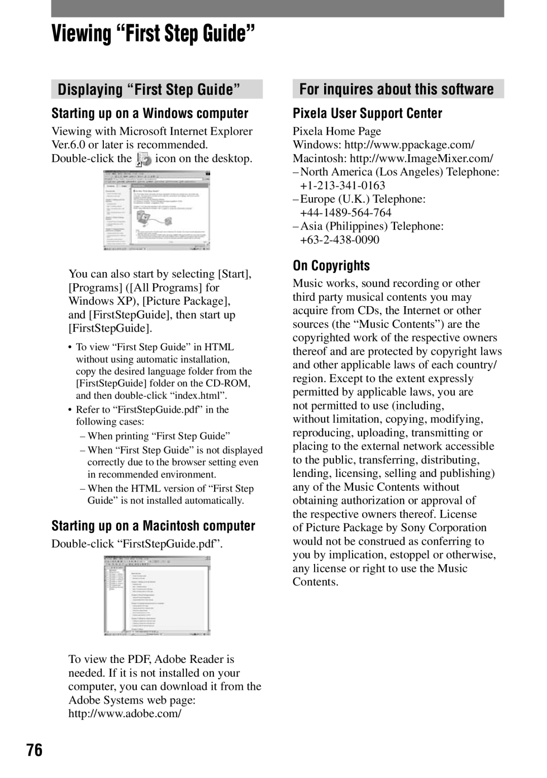 Sony DCR-HC42 manual Displaying First Step Guide, For inquires about this software 