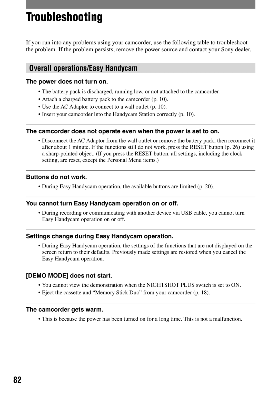 Sony DCR-HC42 manual Troubleshooting, Overall operations/Easy Handycam 