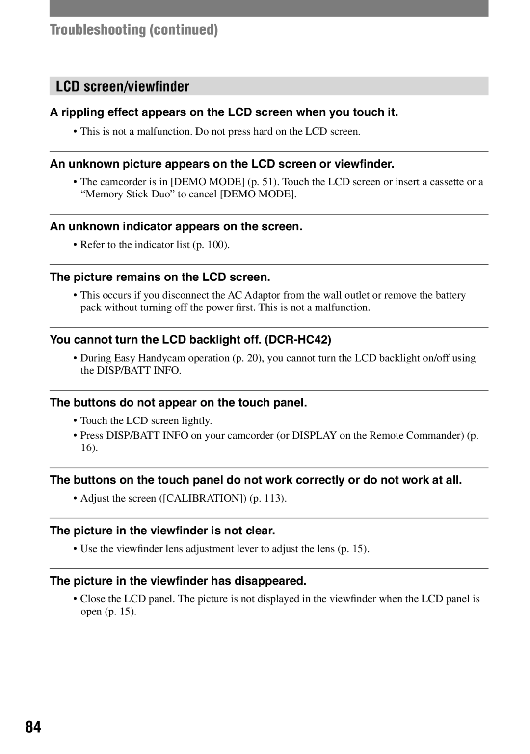 Sony DCR-HC42 manual Troubleshooting, LCD screen/viewﬁnder 