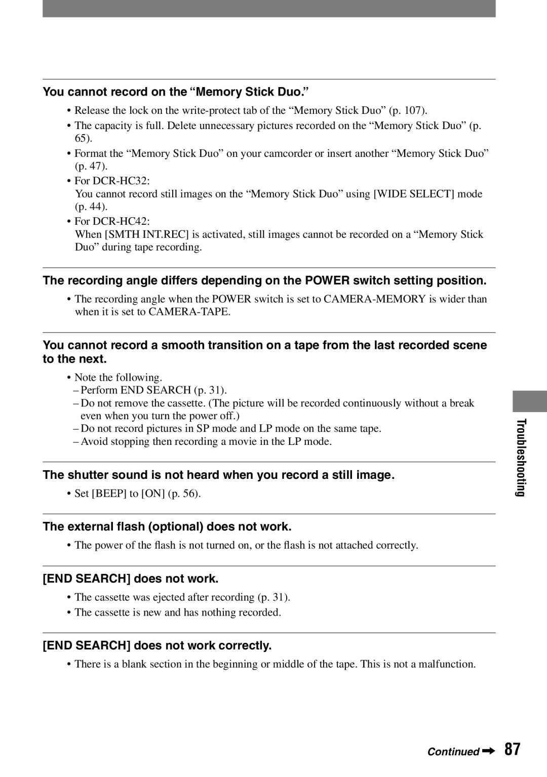 Sony DCR-HC42 manual You cannot record on the Memory Stick Duo, Shutter sound is not heard when you record a still image 