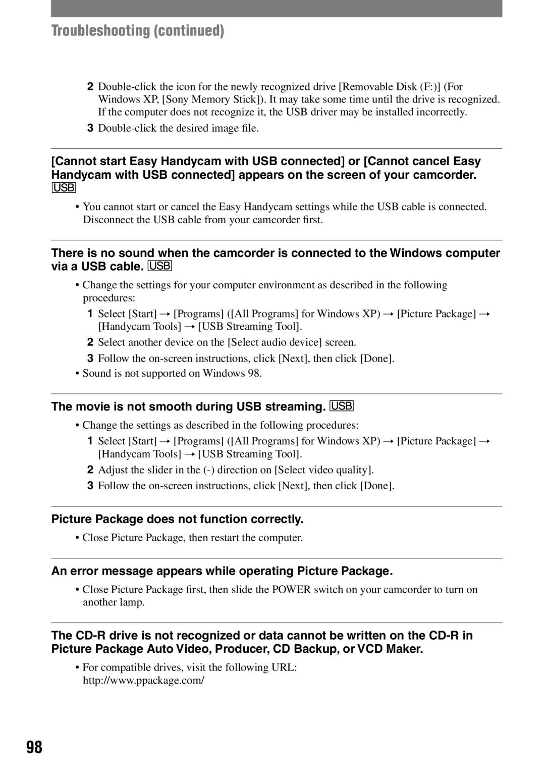 Sony DCR-HC42 manual Movie is not smooth during USB streaming, Picture Package does not function correctly 