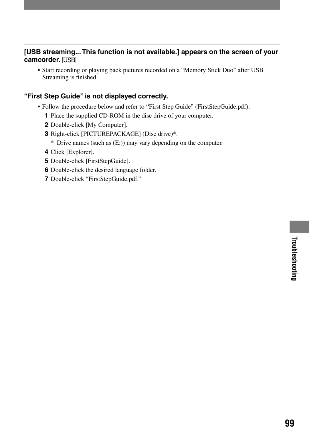 Sony DCR-HC42 manual First Step Guide is not displayed correctly 