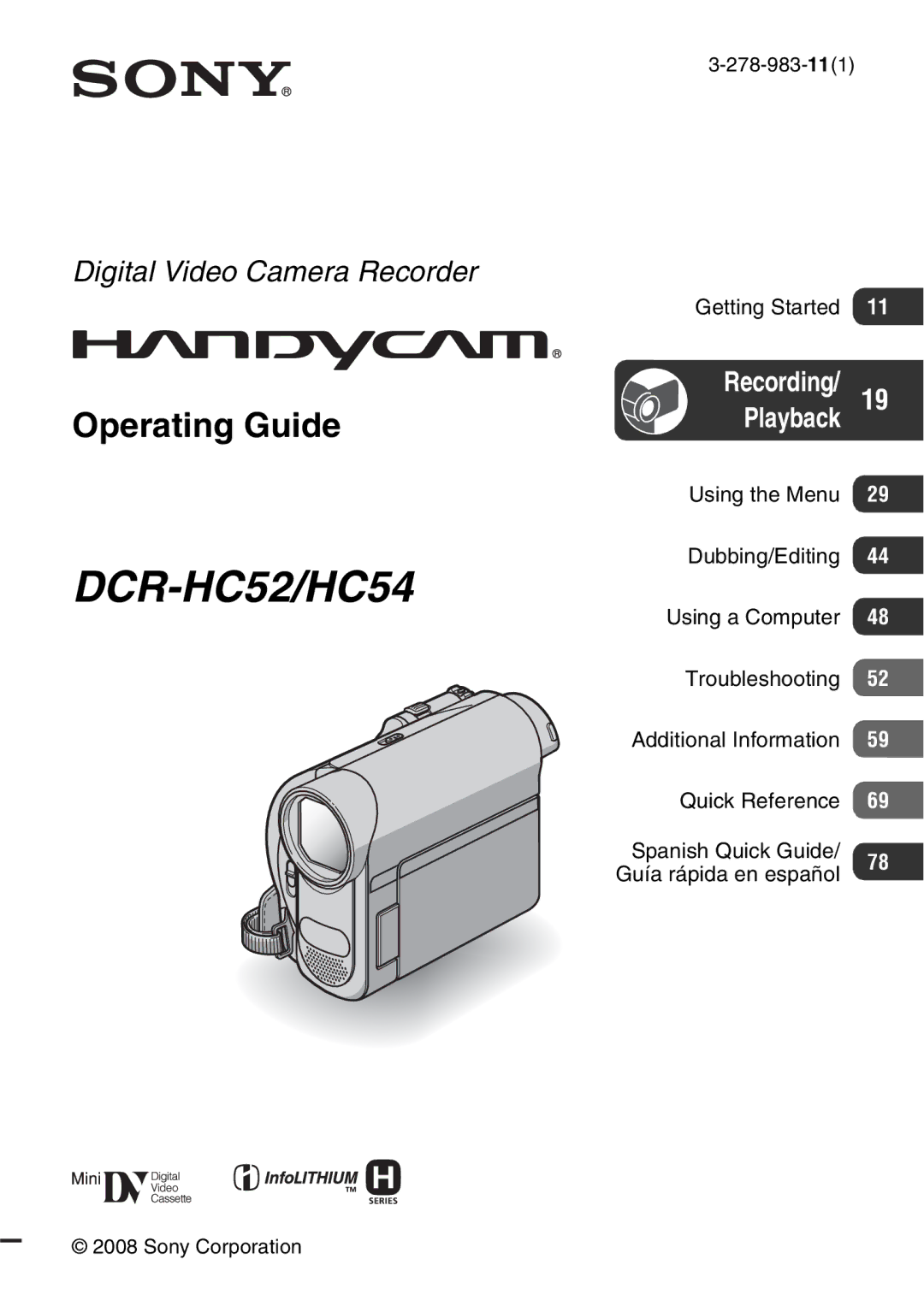 Sony DCR-HC54 manual DCR-HC52/HC54 