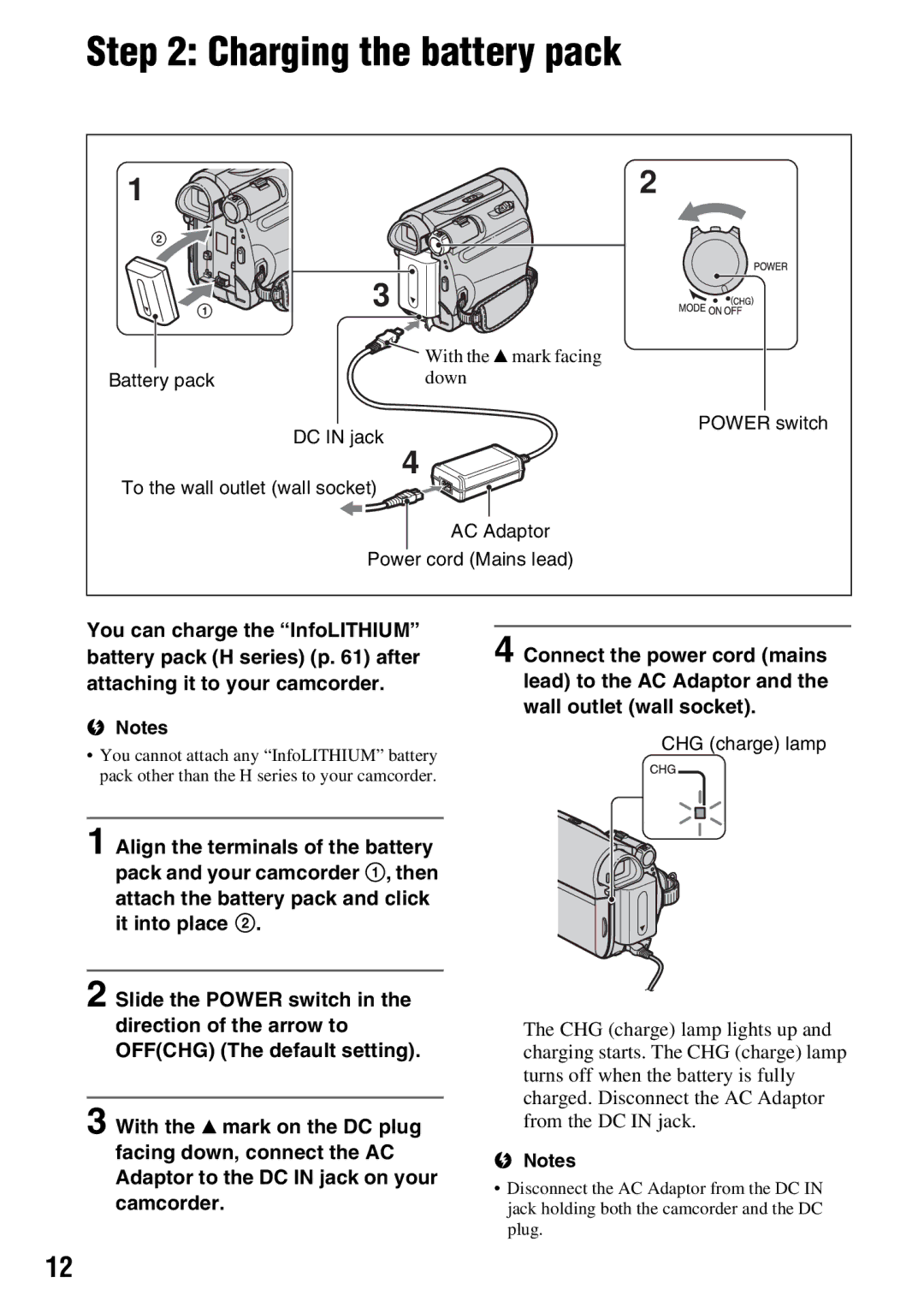 Sony DCR-HC54, DCR-HC52 manual Charging the battery pack 