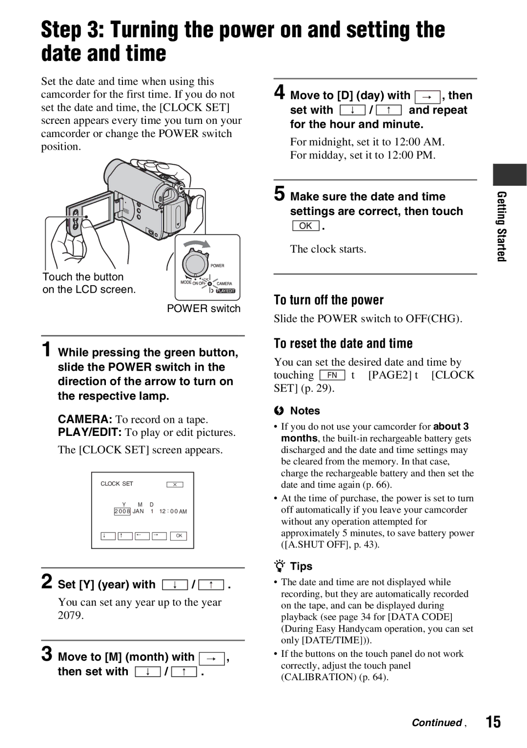 Sony DCR-HC52 manual Turning the power on and setting the date and time, To turn off the power, To reset the date and time 