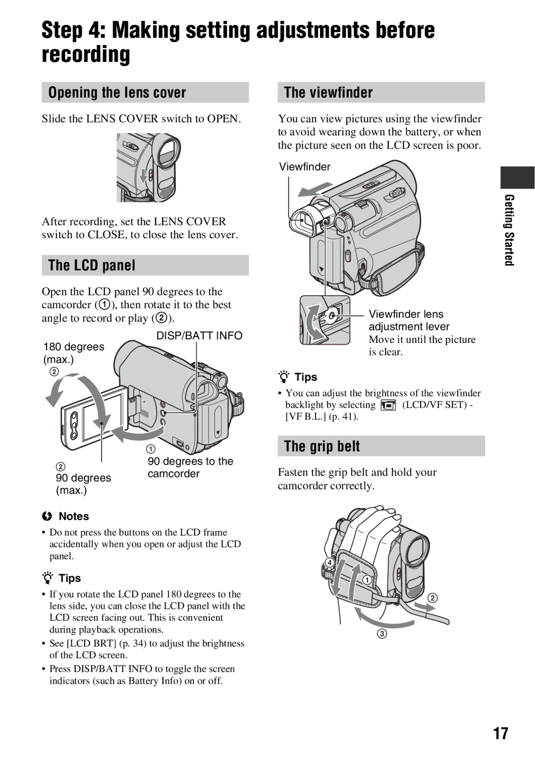 Sony DCR-HC52 manual Making setting adjustments before recording, Opening the lens cover, LCD panel, Viewfinder, Grip belt 