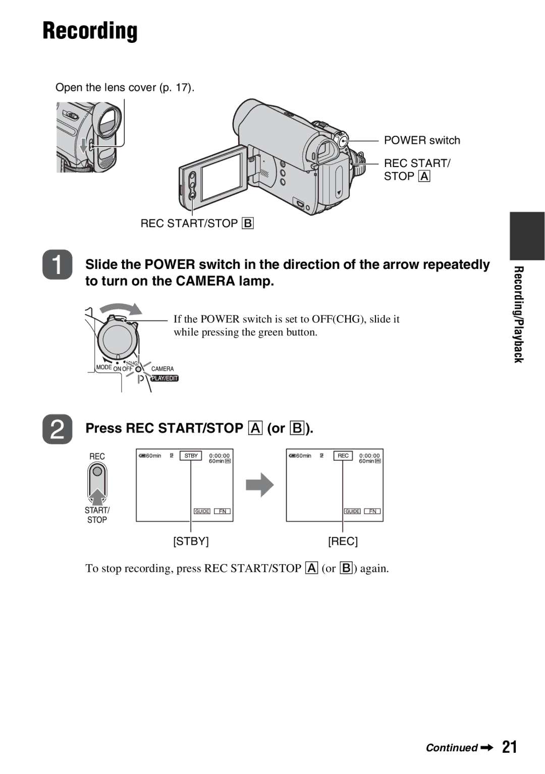 Sony DCR-HC52 Press REC START/STOP a or B, Recording/Playback, To stop recording, press REC START/STOP a or B again 