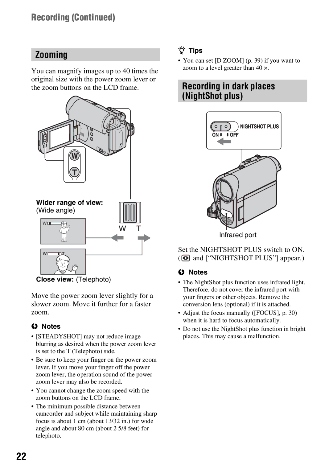 Sony DCR-HC54, DCR-HC52 manual Zooming, Recording in dark places NightShot plus 