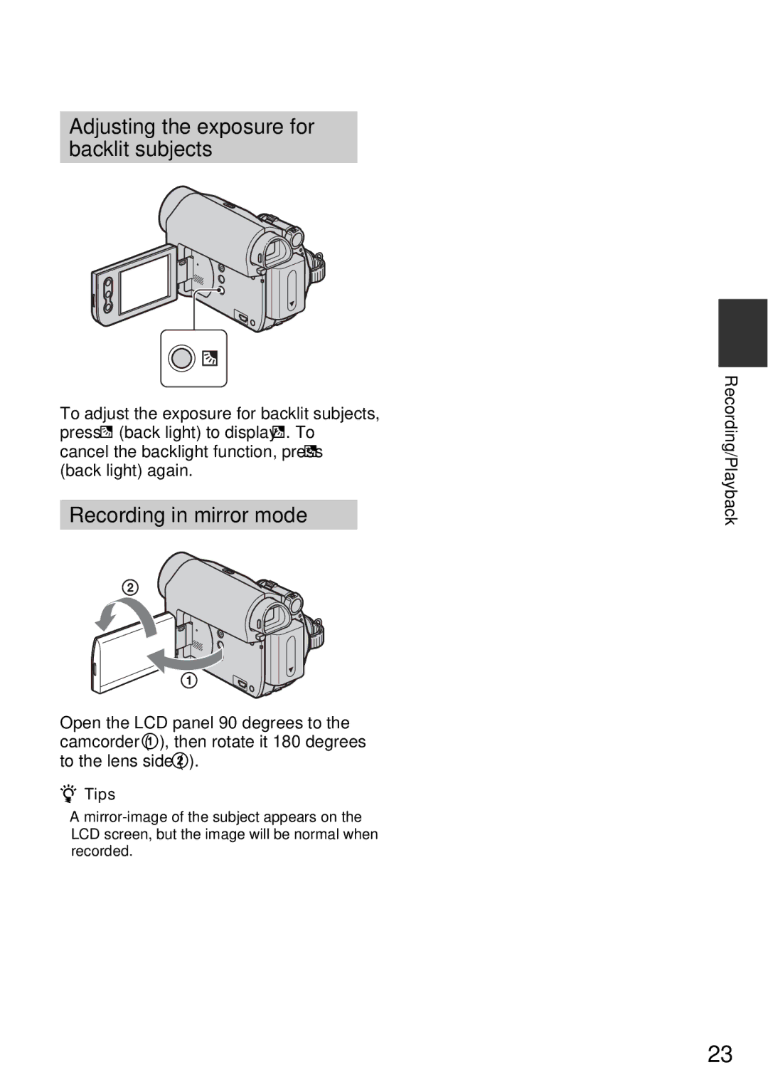 Sony DCR-HC52, DCR-HC54 manual Adjusting the exposure for backlit subjects, Recording in mirror mode 