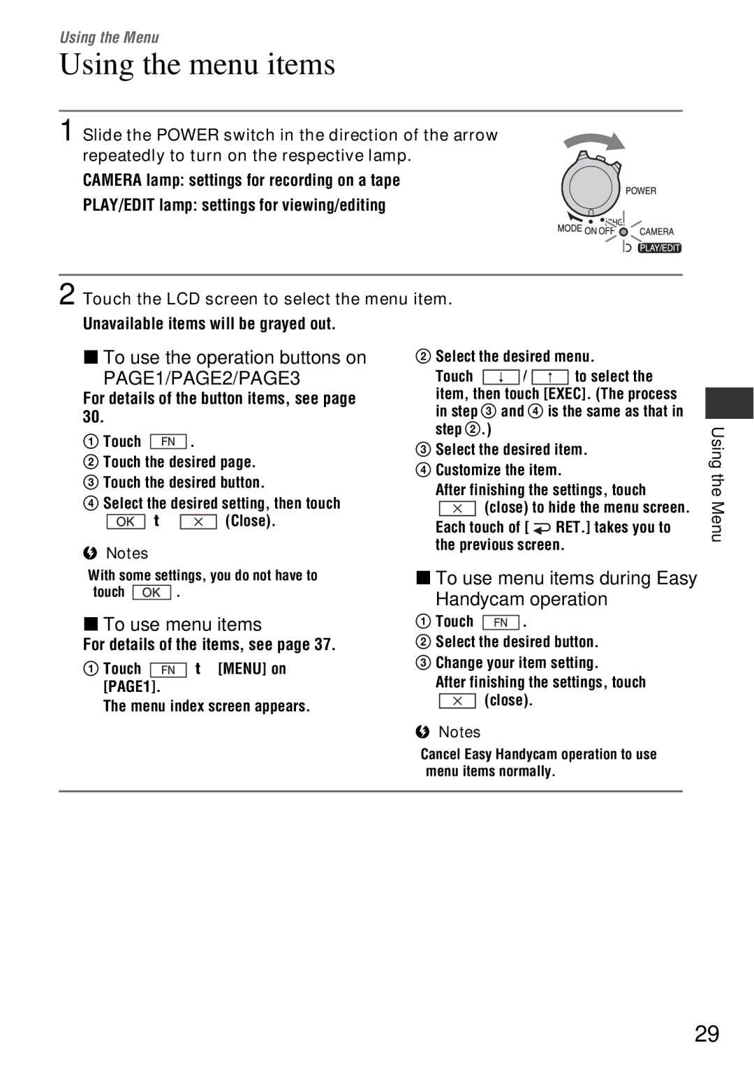 Sony DCR-HC52, DCR-HC54 manual Using the menu items, To use the operation buttons on, To use menu items 