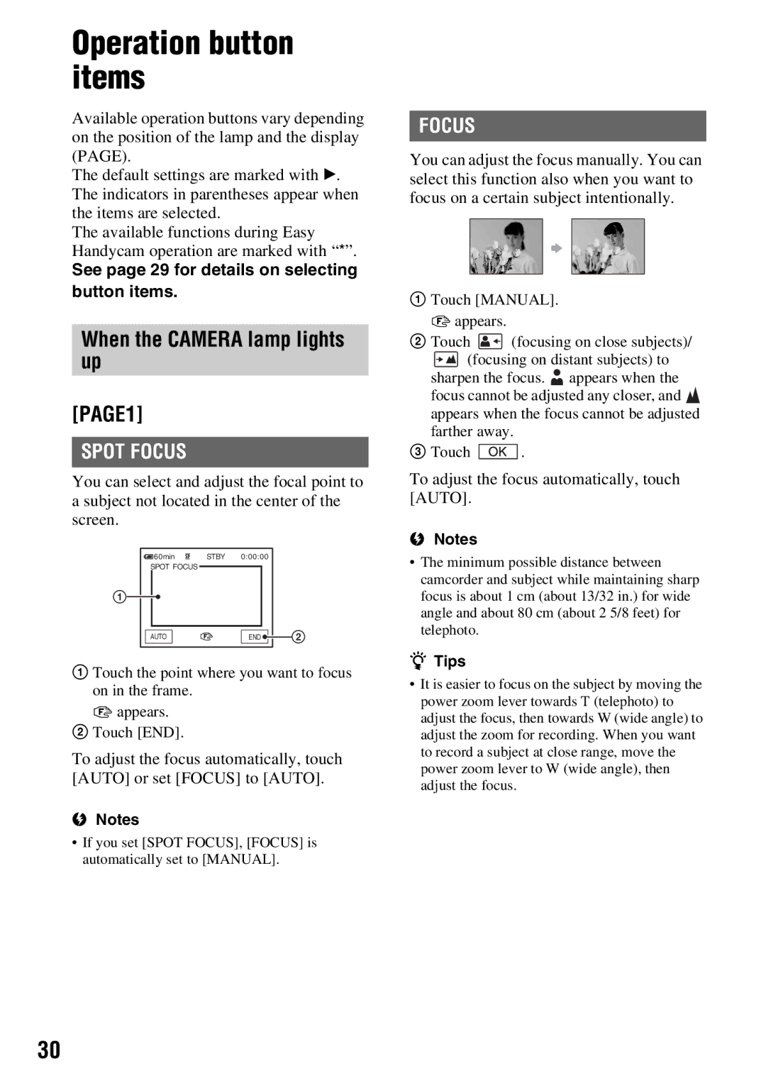 Sony DCR-HC54, DCR-HC52 manual Operation button items, When the Camera lamp lights up, Spot Focus 