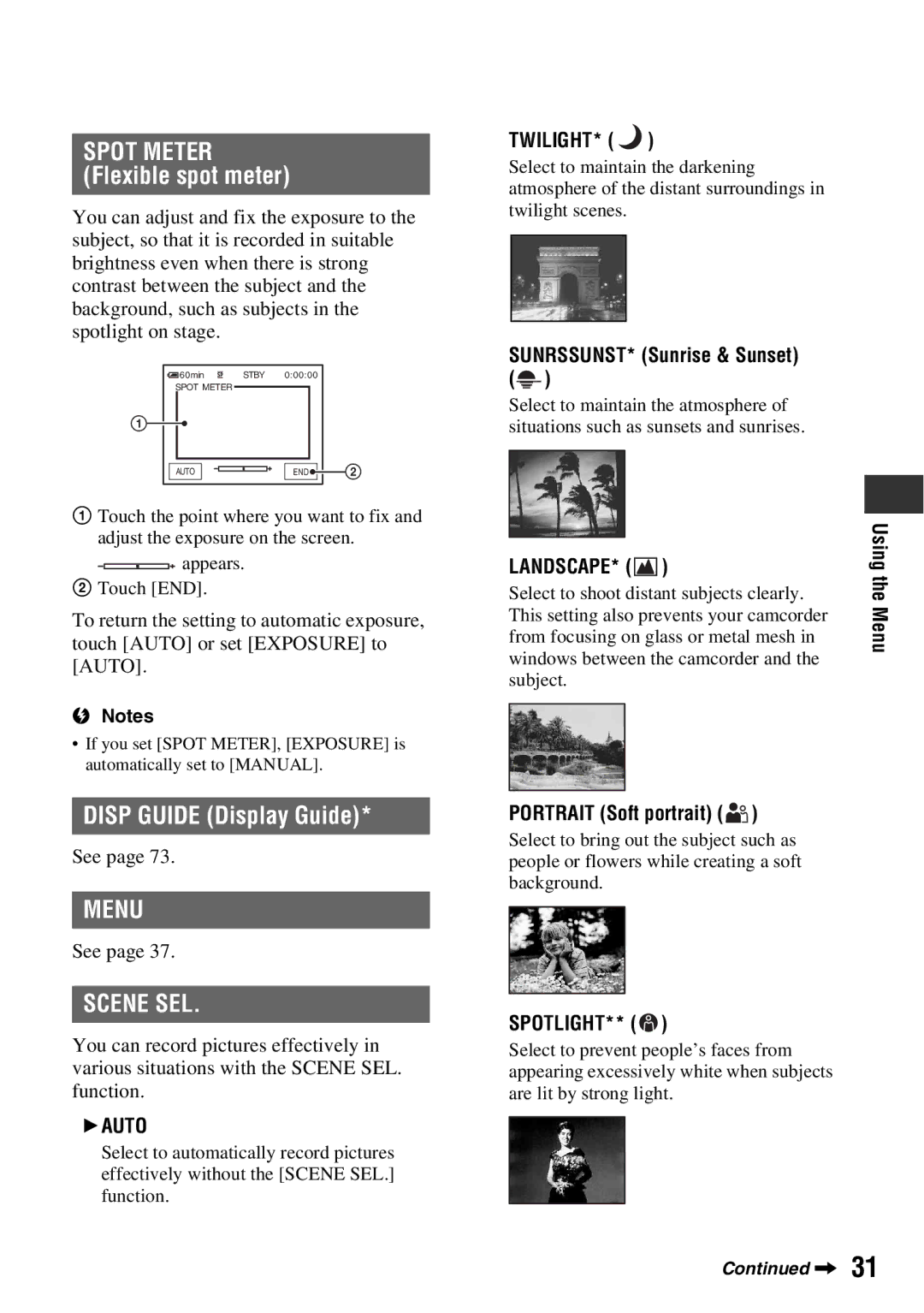 Sony DCR-HC52, DCR-HC54 Disp Guide Display Guide, Menu, Scene SEL, SUNRSSUNST* Sunrise & Sunset, Portrait Soft portrait 