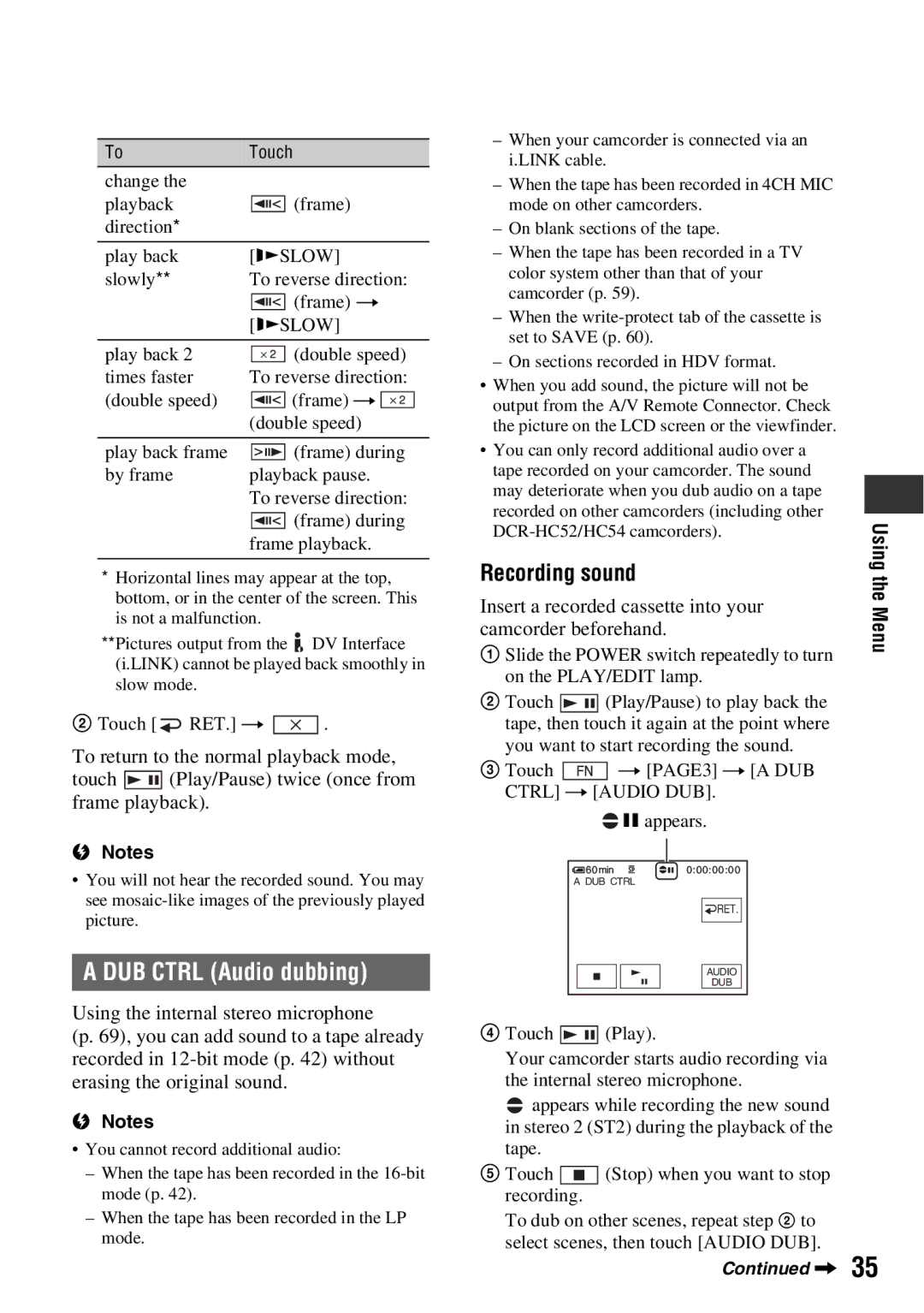 Sony DCR-HC52 manual DUB Ctrl Audio dubbing, Recording sound, Insert a recorded cassette into your, Camcorder beforehand 