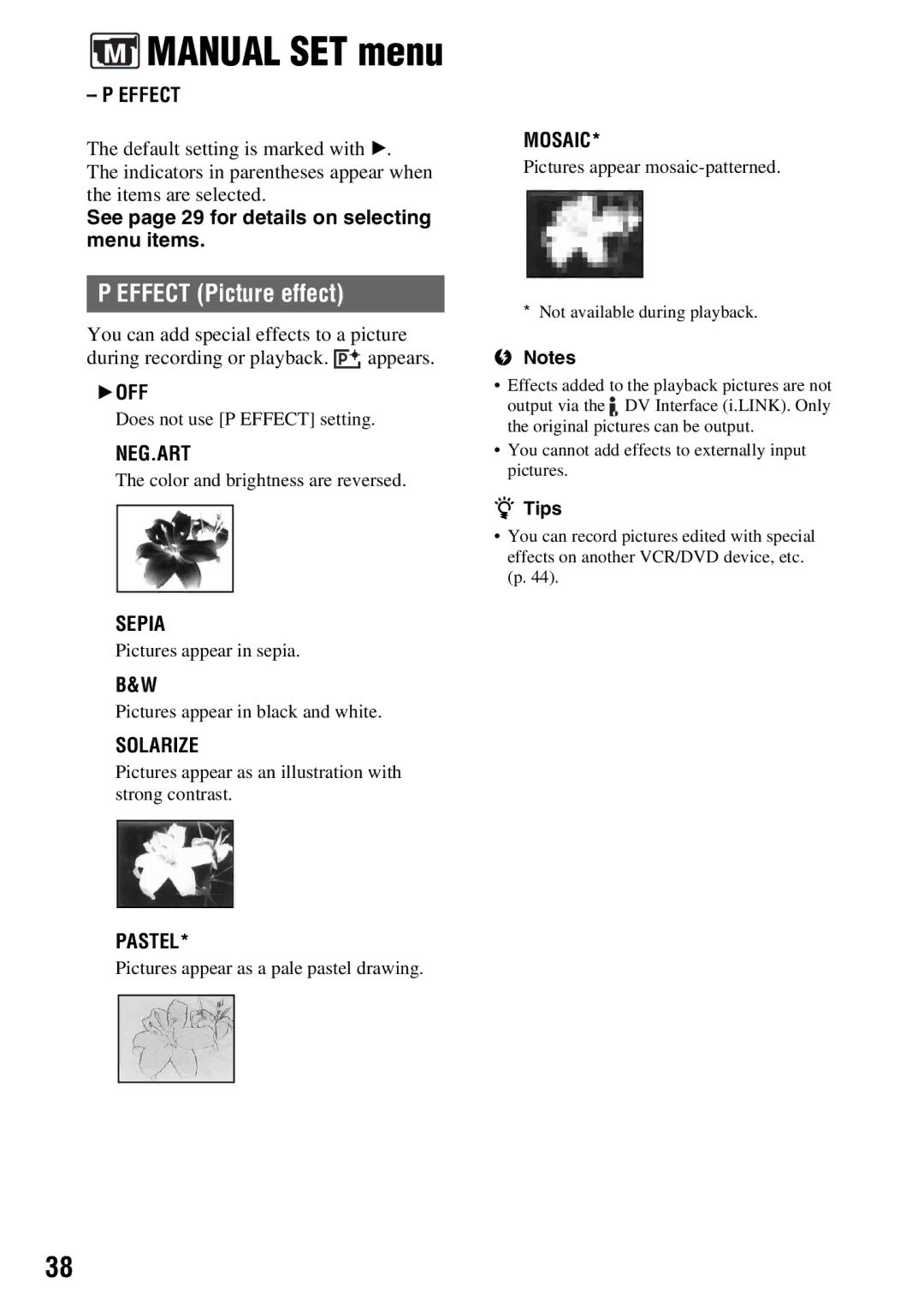 Sony DCR-HC54, DCR-HC52 manual Manual SET menu, Effect Picture effect, See page 29 for details on selecting menu items 