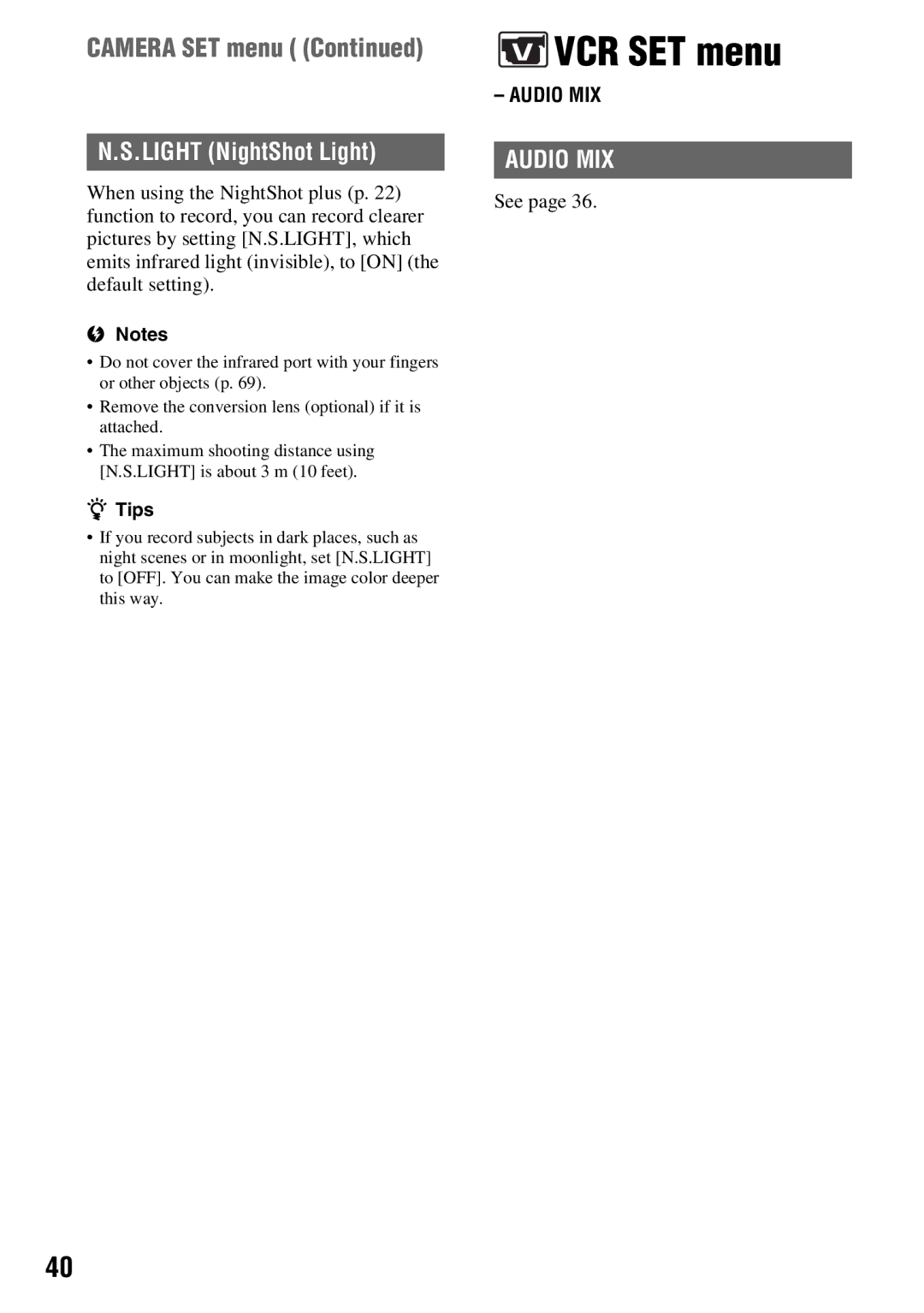 Sony DCR-HC54, DCR-HC52 manual VCR SET menu, Camera SET menu, Light NightShot Light, Audio MIX 