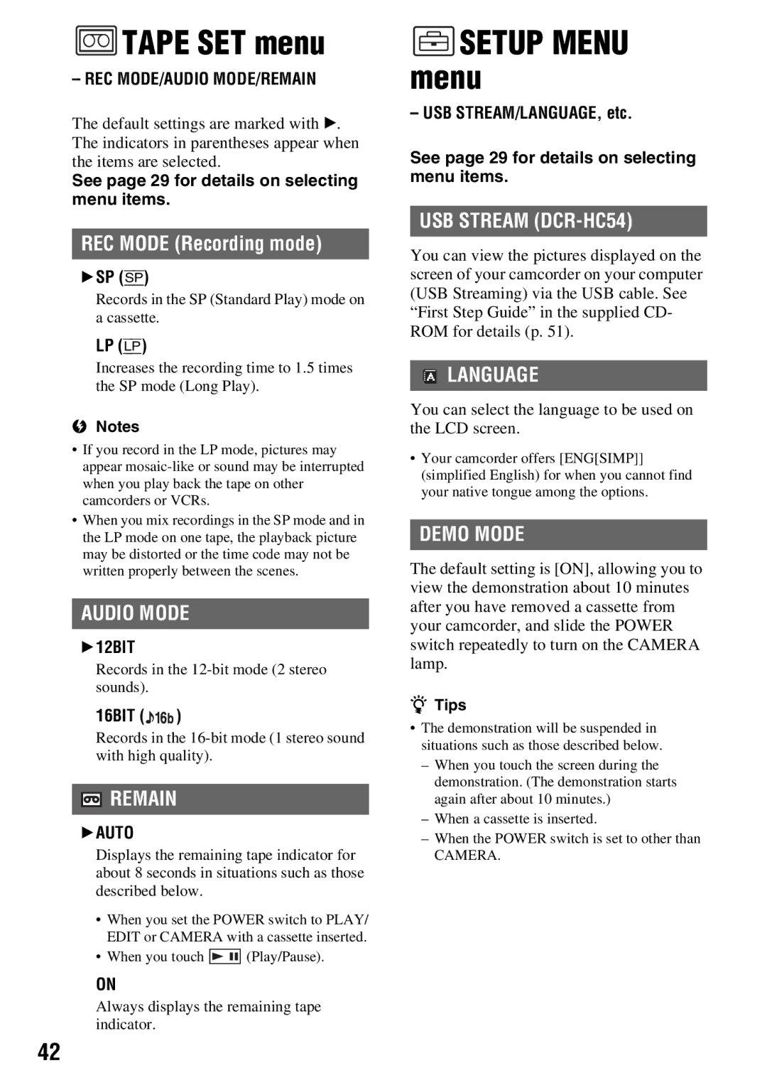 Sony DCR-HC54, DCR-HC52 manual Tape SET menu, Setup Menu menu 