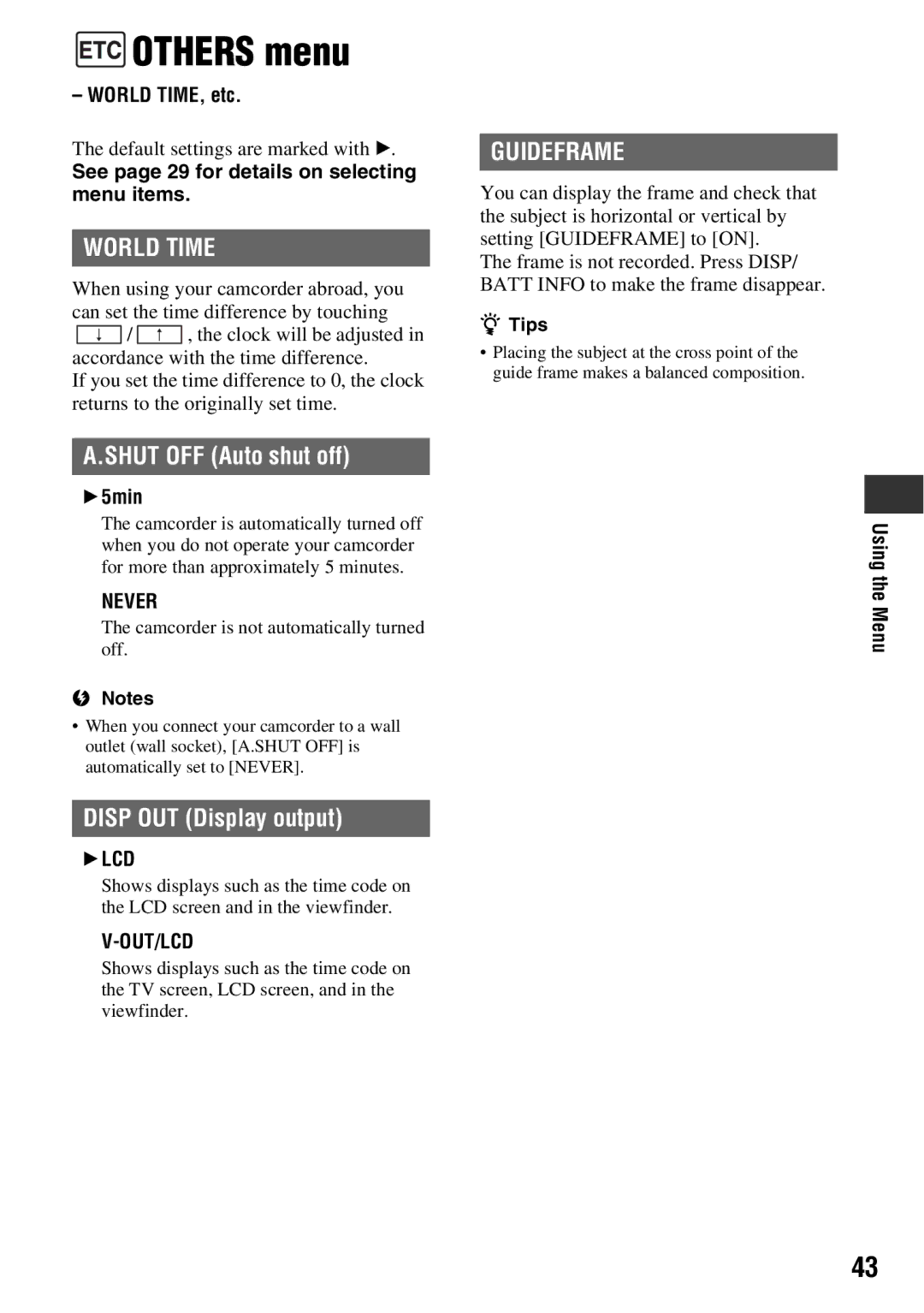 Sony DCR-HC52, DCR-HC54 manual Others menu, World Time, Shut OFF Auto shut off, Disp OUT Display output, Guideframe 