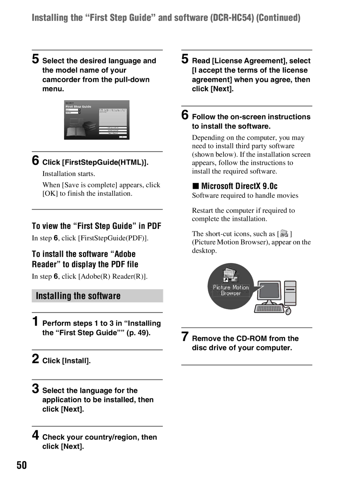 Sony DCR-HC54, DCR-HC52 manual Installing the software, Microsoft DirectX 9.0c 