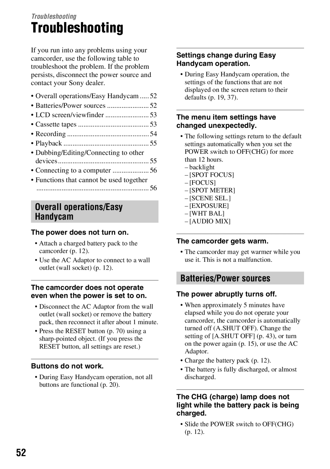 Sony DCR-HC54, DCR-HC52 manual Troubleshooting, Overall operations/Easy Handycam, Batteries/Power sources 