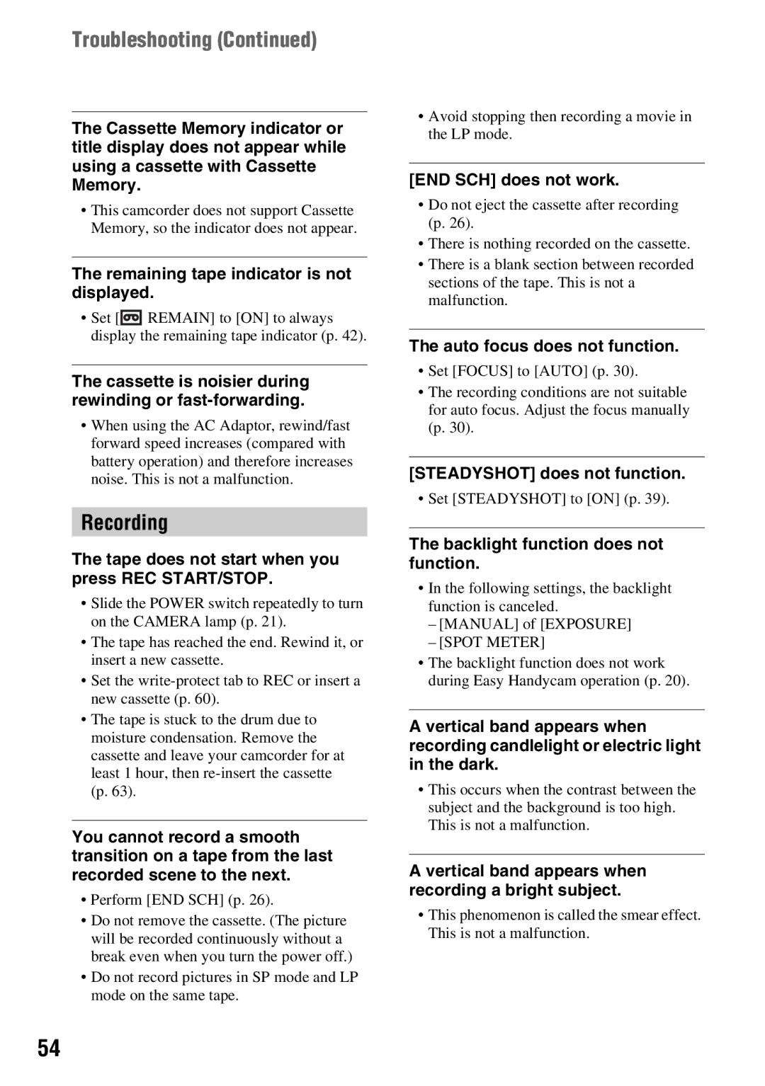 Sony DCR-HC54, DCR-HC52 manual Troubleshooting 