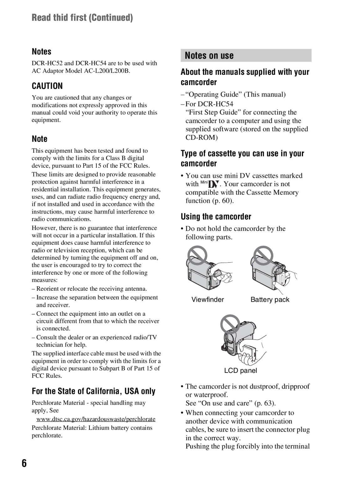 Sony DCR-HC54 Read thid first, For the State of California, USA only, About the manuals supplied with your camcorder 