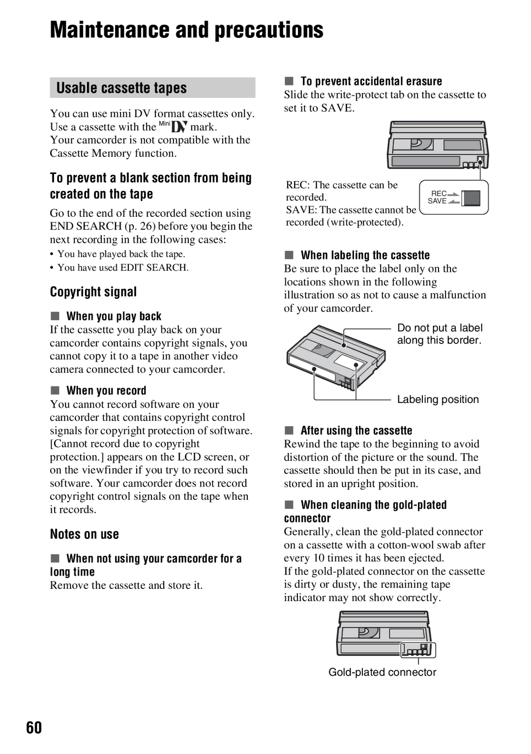 Sony DCR-HC54, DCR-HC52 manual Maintenance and precautions, Usable cassette tapes, Copyright signal 