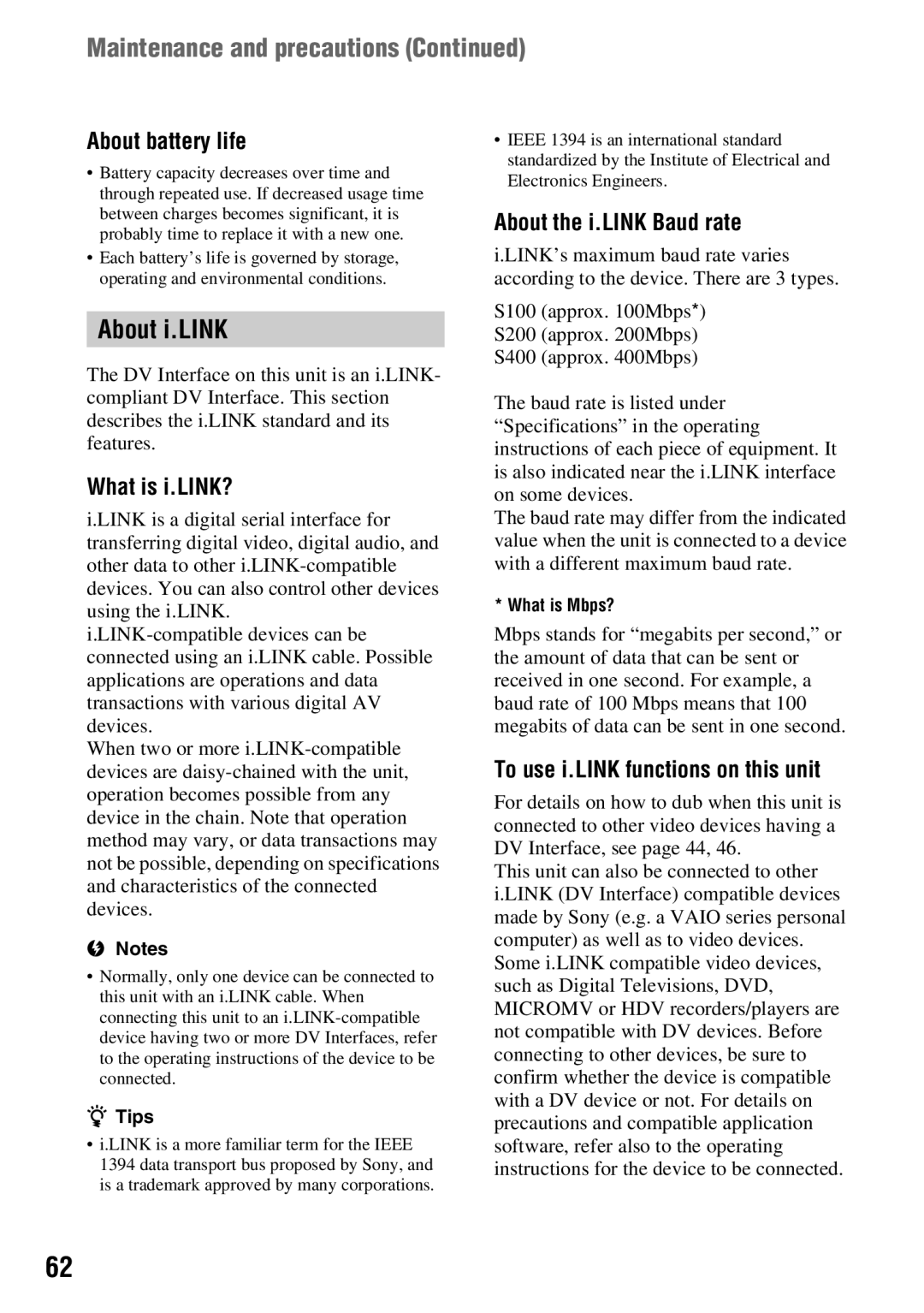 Sony DCR-HC54, DCR-HC52 manual Maintenance and precautions, About i.LINK 