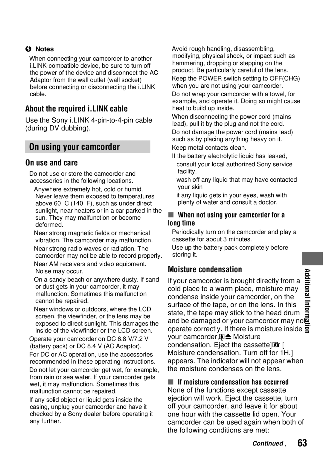 Sony DCR-HC52, DCR-HC54 On using your camcorder, About the required i.LINK cable, On use and care, Moisture condensation 