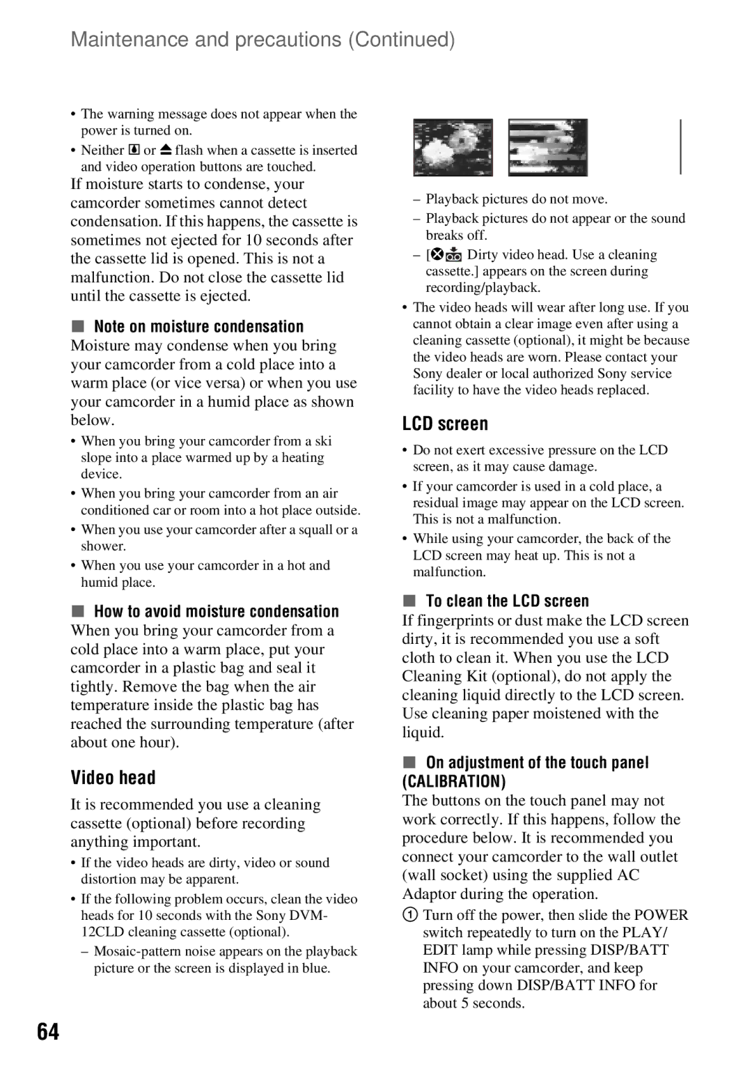 Sony DCR-HC54, DCR-HC52 manual Video head, To clean the LCD screen, On adjustment of the touch panel 