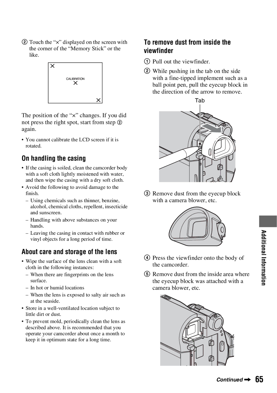 Sony DCR-HC52 manual On handling the casing, About care and storage of the lens, To remove dust from inside the viewfinder 