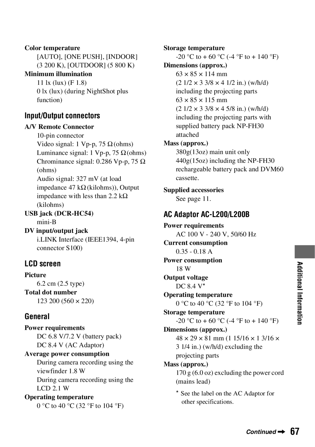 Sony DCR-HC52, DCR-HC54 manual Input/Output connectors, General, AC Adaptor AC-L200/L200B 