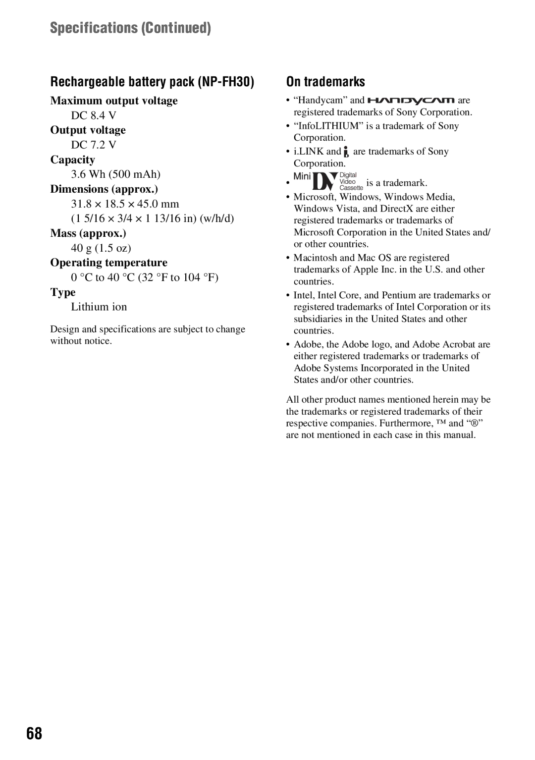 Sony DCR-HC54, DCR-HC52 manual Specifications, Rechargeable battery pack NP-FH30, On trademarks 