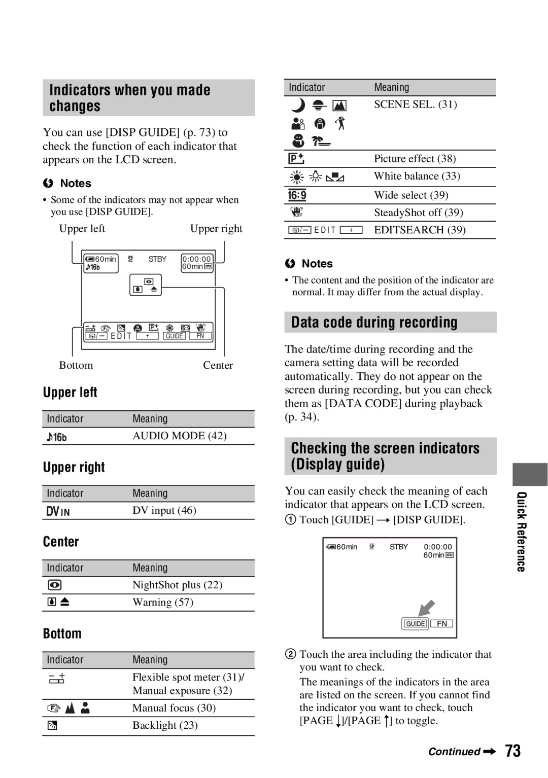 Sony DCR-HC52 Indicators when you made changes, Data code during recording, Checking the screen indicators Display guide 