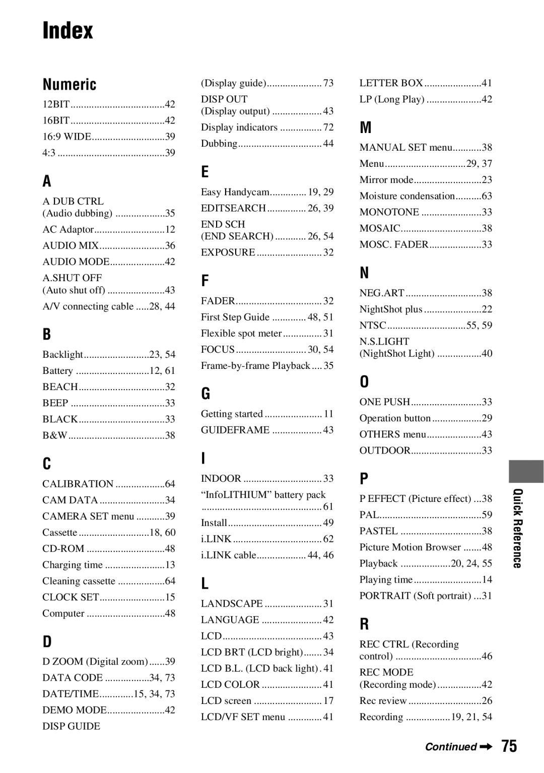 Sony DCR-HC52, DCR-HC54 manual Index, Numeric 