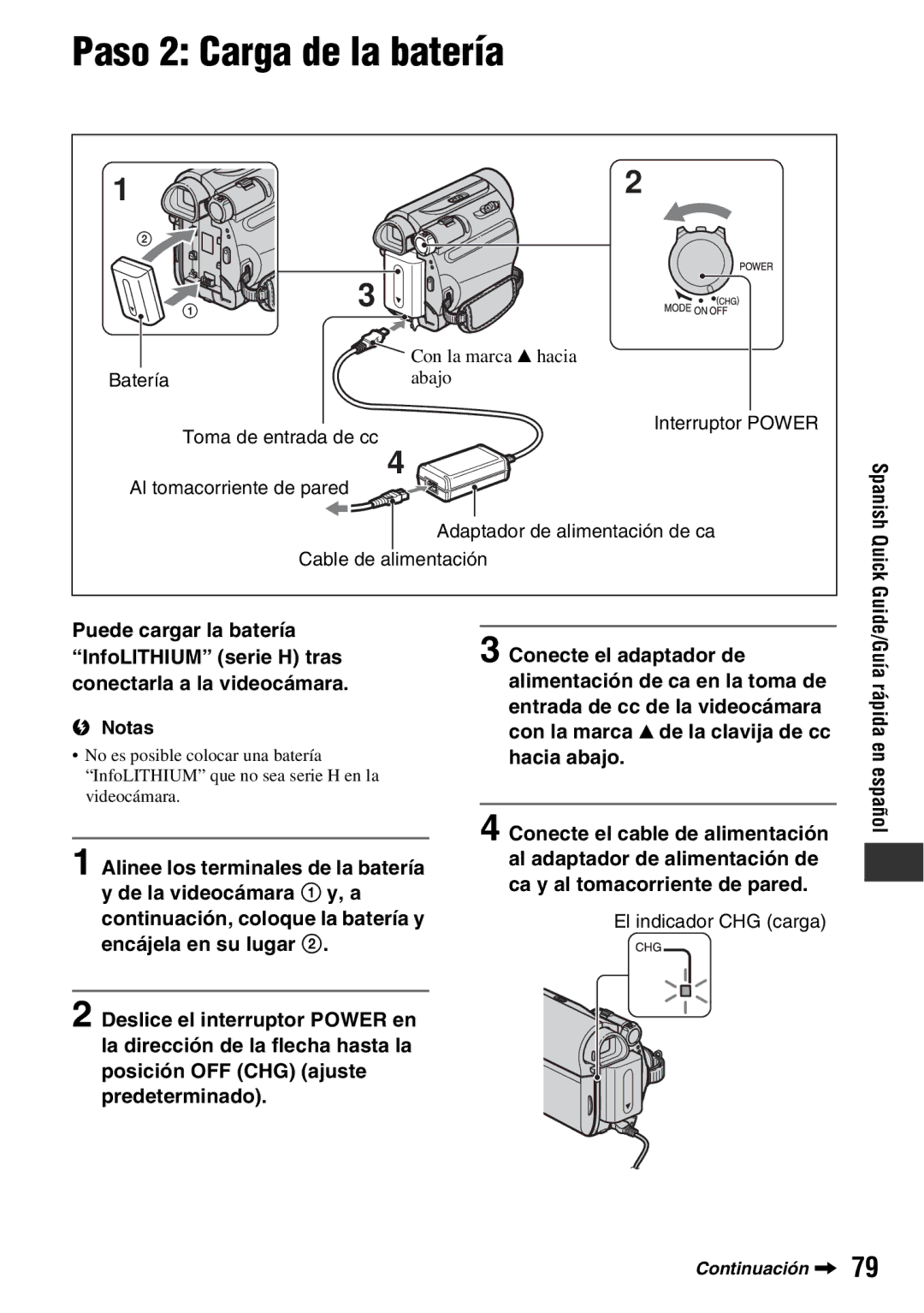Sony DCR-HC52, DCR-HC54 manual Paso 2 Carga de la batería, Spanish Quick 