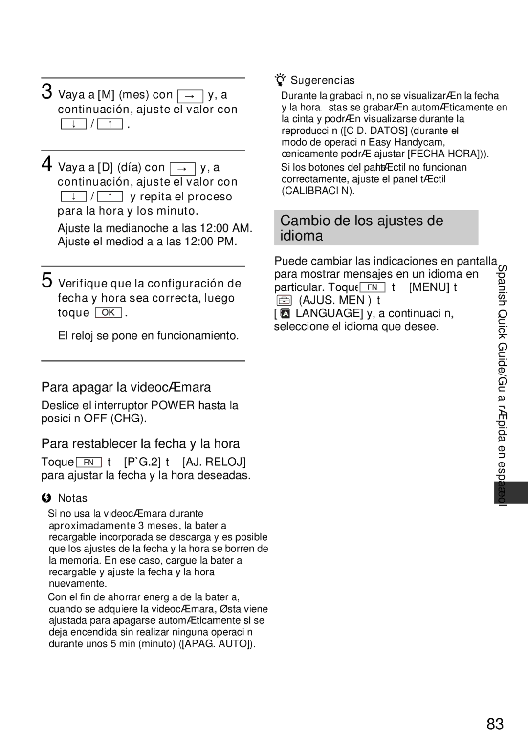 Sony DCR-HC52 Cambio de los ajustes de idioma, Para apagar la videocámara, Para restablecer la fecha y la hora, Toque 