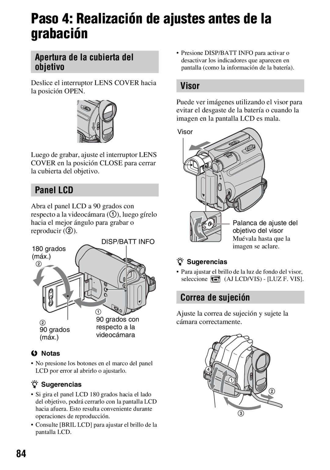 Sony DCR-HC54 Paso 4 Realización de ajustes antes de la grabación, Apertura de la cubierta del objetivo, Panel LCD, Visor 